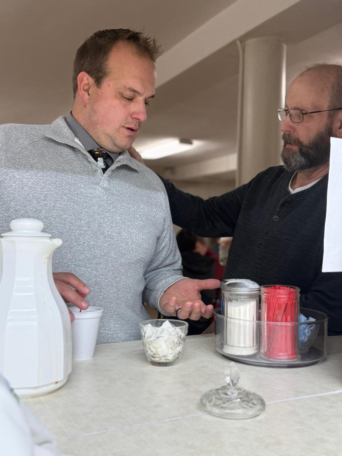 Church fellowship over coffee at Rock Ministries Janesville WI